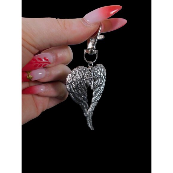 Angel Wing Pentagram Keychain Silver Clip Christian Witch - Picture 5 of 11